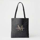 Elegantes Black Floral Gold Script Monogram Tasche (Vorderseite)