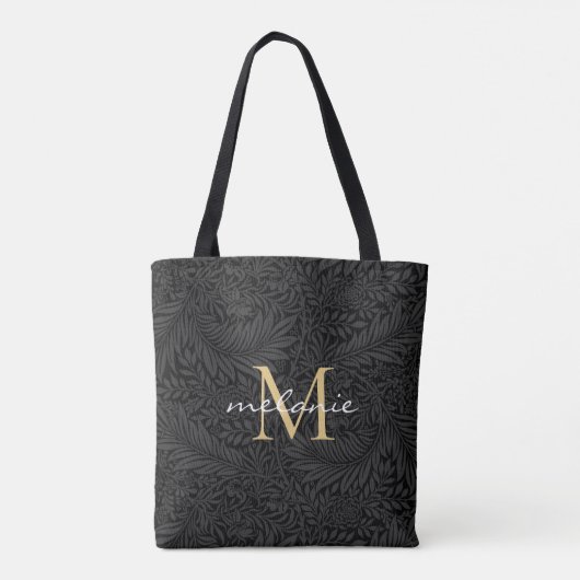 Elegantes Black Floral Gold Script Monogram Tasche (Rückseite)