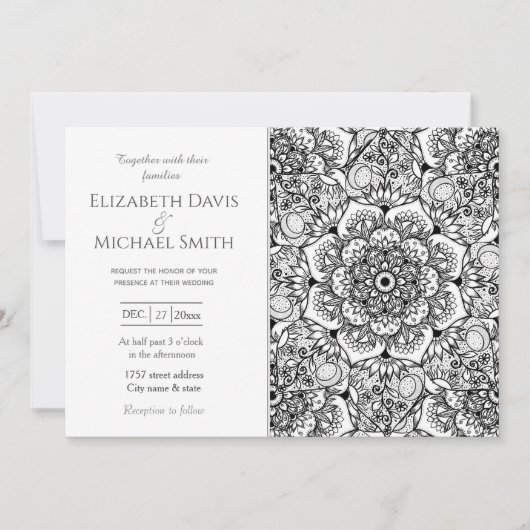 Elegantes Black Floral Mandala White Design Einladung (Vorderseite)