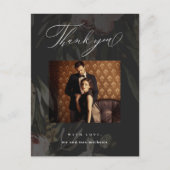 Elegantes Black Floral Overlay Foto Hochzeit Dank Postkarte (Vorderseite)