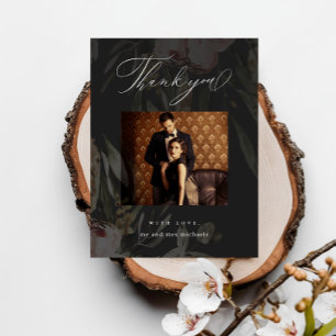 Elegantes Black Floral Overlay Foto Hochzeit Dank Postkarte