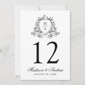 Elegantes Black Floral Wappen Hochzeit Tischnummer (Vorderseite)