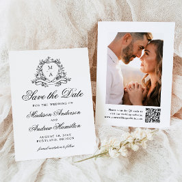 Elegantes Black Floral Wappen Monogram Foto Hochze Save The Date