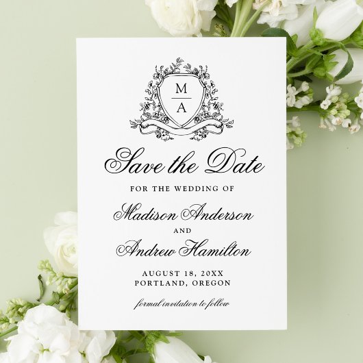 Elegantes Black Floral Wappen Monogram Foto Hochze Save The Date