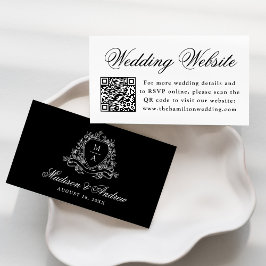 Elegantes Black Floral Wappen Wedding Website QR C Begleitkarte