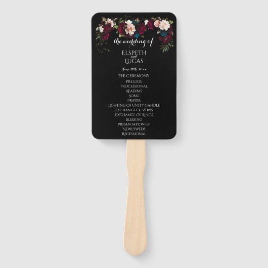 Elegantes Black Floral Wedding Program Set of Fans Fächer (Vorderseite)