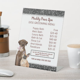 Elegantes Black Glitzer Dog Grooming Menu Sockelschild
