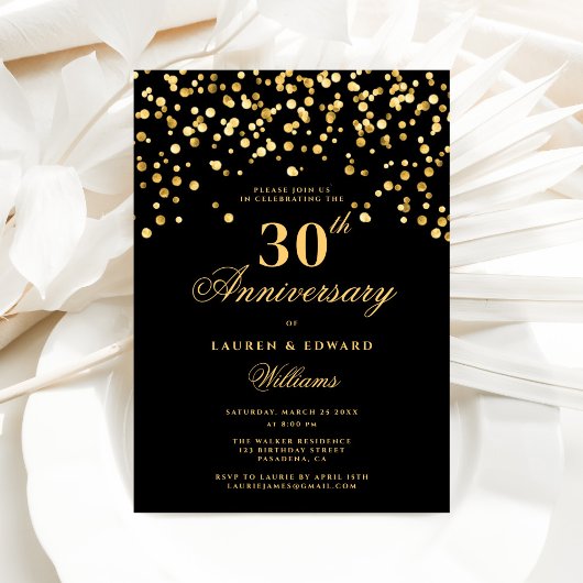 Elegantes Black & Gold 30. Hochzeitstag Einladung