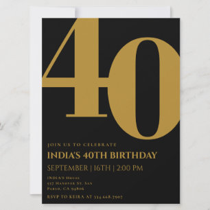 Elegantes Black & Gold 40. Geburtstags-Party Einladung