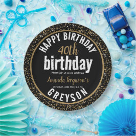Elegantes Black & Gold 40. Geburtstags-Party Pappteller