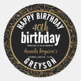 Elegantes Black & Gold 40. Geburtstags-Party Runder Aufkleber