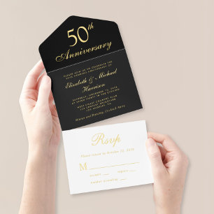 Elegantes Black Gold 50. Hochzeitstag All-in-One-Einladung