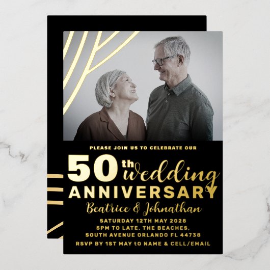 Elegantes Black & Gold 50. Hochzeitstag Folieneinladung (Vorderseite/Rückseite)