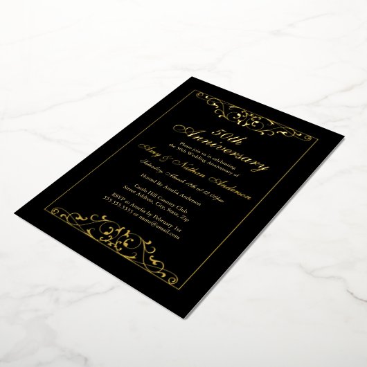 Elegantes Black Gold 50. Hochzeitstag Folieneinladung (Gedreht)