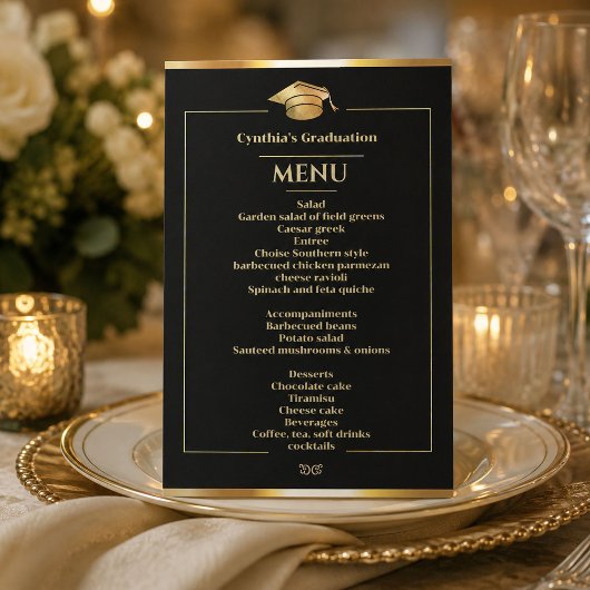Elegantes Black & Gold Abschluss Dinner Menü Einladung