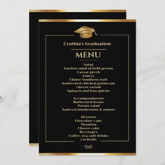 Elegantes Black & Gold Abschluss Dinner Menü Einladung (Vorne/Hinten)