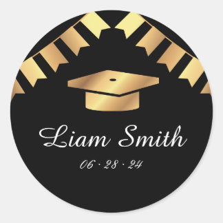 Elegantes Black, Gold Abschluss Round Stickers Set
