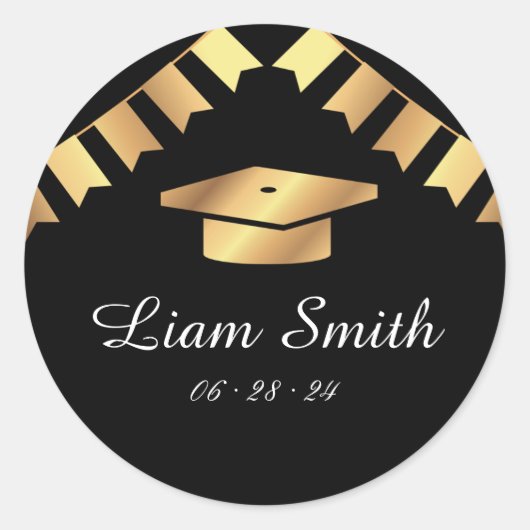 Elegantes Black, Gold Abschluss Round Stickers Set (Vorderseite)