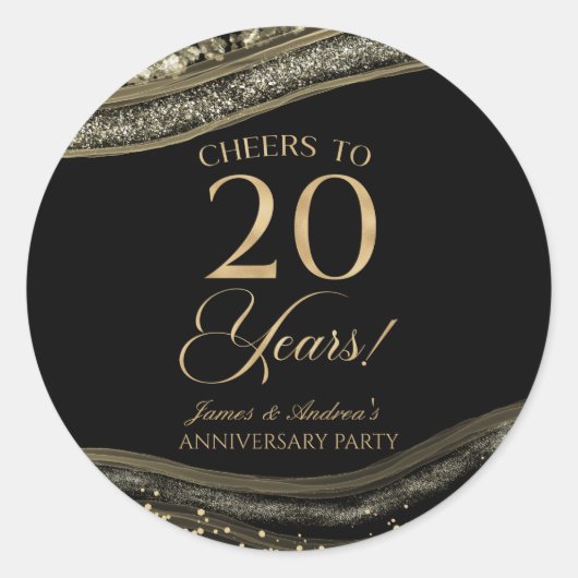 Elegantes Black Gold Agate 20-jähriges Party Runder Aufkleber (Vorderseite)