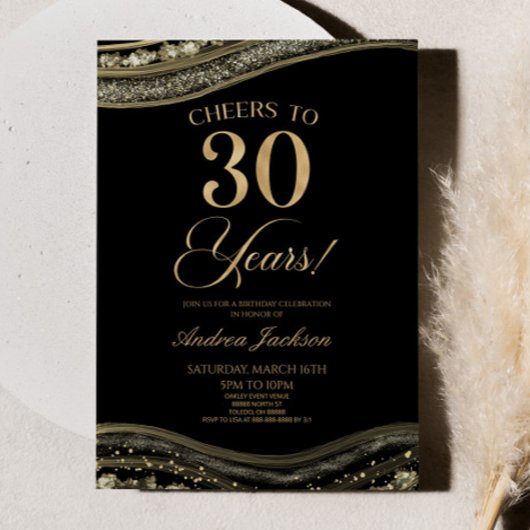 Elegantes Black Gold Agate 30. Geburtstag Party Einladung