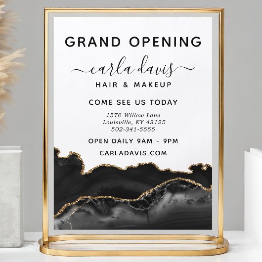 Elegantes Black & Gold Agate Salon Grand Opening Flyer