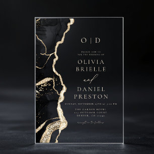 Elegantes Black Gold Agate Wedding Monogram Acryleinladungen