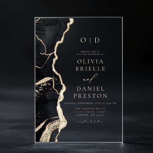 Elegantes Black Gold Agate Wedding Monogram Acryleinladungen
