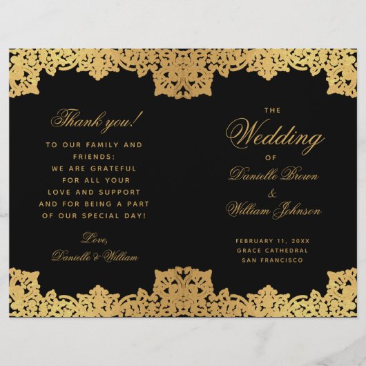 Elegantes Black Gold Antique Folded Wedding Progra (Vorderseite)