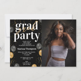 Elegantes Black & Gold Balloons Abschluss Foto Einladung