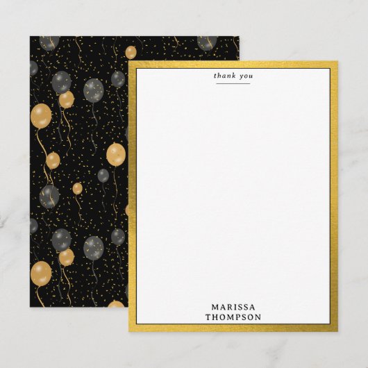 Elegantes Black & Gold Balloons Party Dankeskarte (Vorne/Hinten)