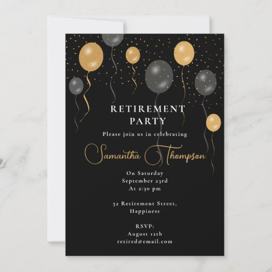 Elegantes Black & Gold Balloons Retirement Party Einladung (Vorderseite)