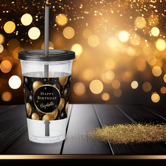 Elegantes Black Gold Birthday Balloons Muster Acryltrinkbecher