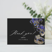 Elegantes Black Gold Blue Masquerade Party Geburts Dankeskarte (Stehend Vorderseite)