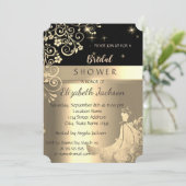 Elegantes Black, Gold Blume Dress Brautparty Einladung (Stehend Vorderseite)