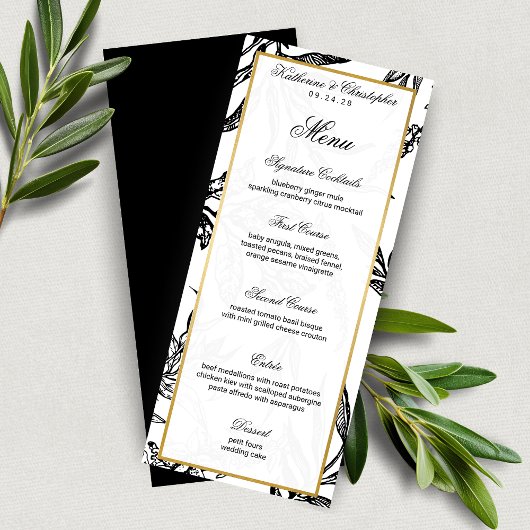 Elegantes Black Gold Botanical Wedding Menü Programm