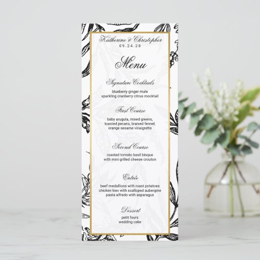 Elegantes Black Gold Botanical Wedding Menü Programm (Stehend Vorderseite)