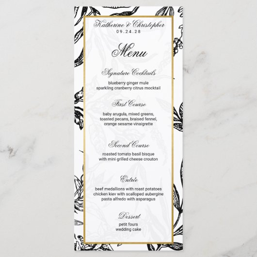 Elegantes Black Gold Botanical Wedding Menü Programm (Vorderseite)