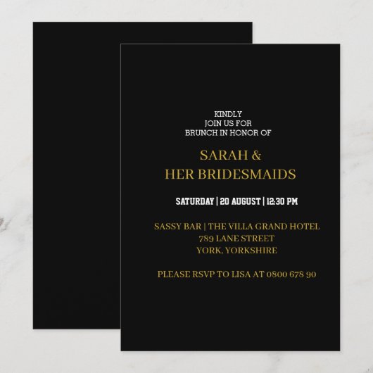 Elegantes Black Gold Bridesmaids Luncheon Brunch Einladung (Vorne/Hinten)