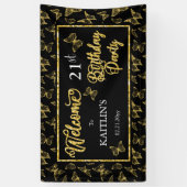 Elegantes Black Gold Butterflies 21. Geburtstag Pa Banner (Vertikal)