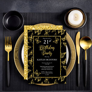 Elegantes Black Gold Butterflies 21. Geburtstag Pa Einladung