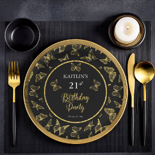 Elegantes Black Gold Butterflies 21. Geburtstag Pa Pappteller
