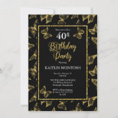 Elegantes Black Gold Butterflies 40. Geburtstag Pa Einladung (Vorderseite)