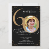 Elegantes Black Gold Calligraphy Foto 60. Geburtst Einladung (Vorderseite)
