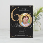 Elegantes Black Gold Calligraphy Foto 60. Geburtst Einladung (Stehend Vorderseite)