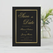 Elegantes Black Gold Calligraphy Foto Save the Dat Einladung (Stehend Vorderseite)