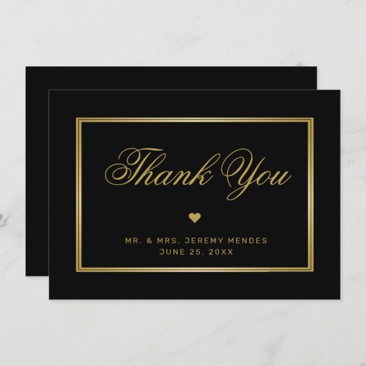 Elegantes Black Gold Calligraphy Heart Foto Weddin Dankeskarte (Vorne/Hinten)