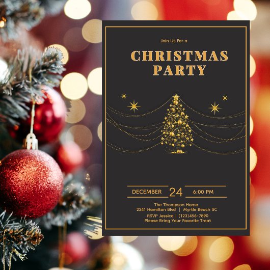 Elegantes Black Gold Christmas Tree Party Einladung