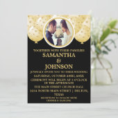 Elegantes Black Gold Confetti Balloons Foto Hochze Einladung (Stehend Vorderseite)