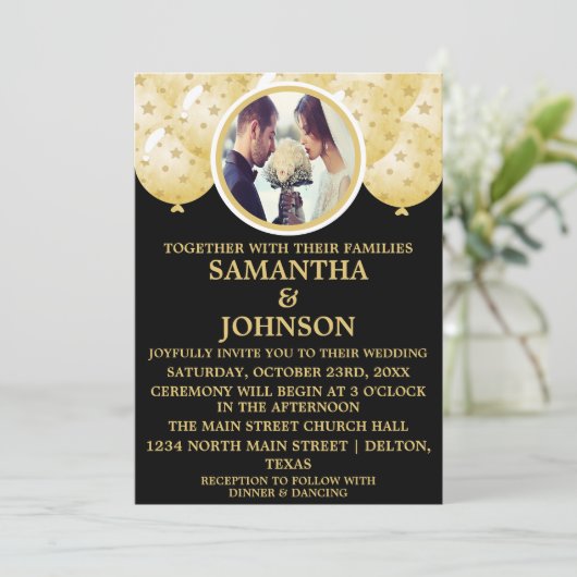 Elegantes Black Gold Confetti Balloons Foto Hochze Einladung (Stehend Vorderseite)