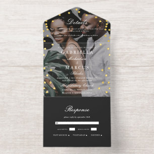 Elegantes Black Gold Confetti Dots Foto Hochzeit All-in-One-Einladung